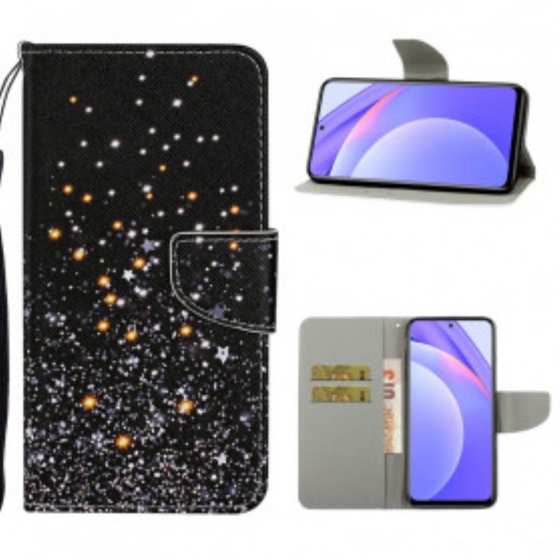 Capa De Couro Para Xiaomi Redmi Note 9 Pro 5G Estrelas E Lantejoulas Com Cordão