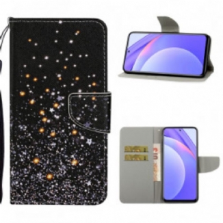 Capa De Couro Para Xiaomi Redmi Note 9 Pro 5G Estrelas E Lantejoulas Com Cordão