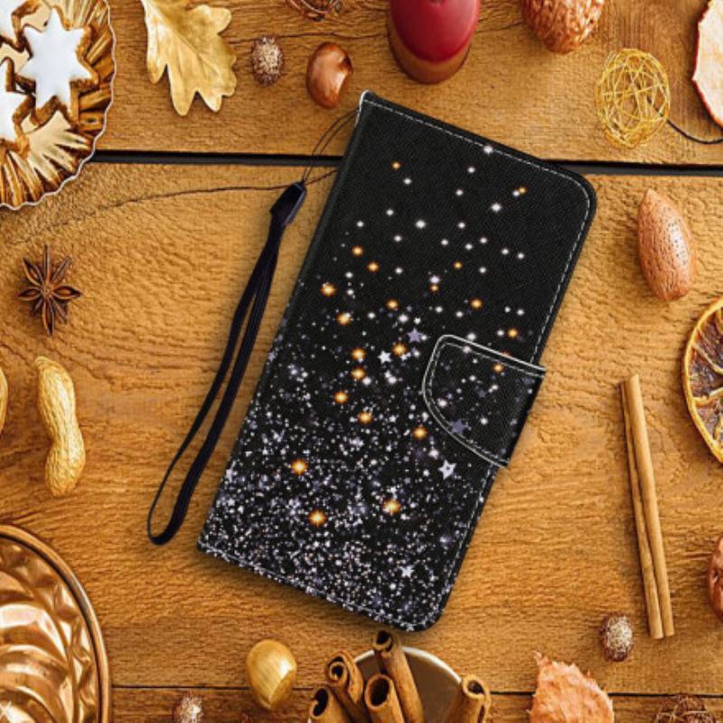 Capa De Couro Para Xiaomi Redmi Note 9 Pro 5G Estrelas E Lantejoulas Com Cordão