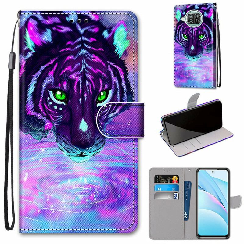 Capa De Couro Para Xiaomi Redmi Note 9 Pro 5G Felino Com Cordão