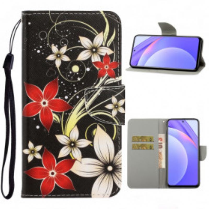 Capa Flip Para Xiaomi Redmi Note 9 Pro 5G De Cordão Flores Coloridas Com Tiras