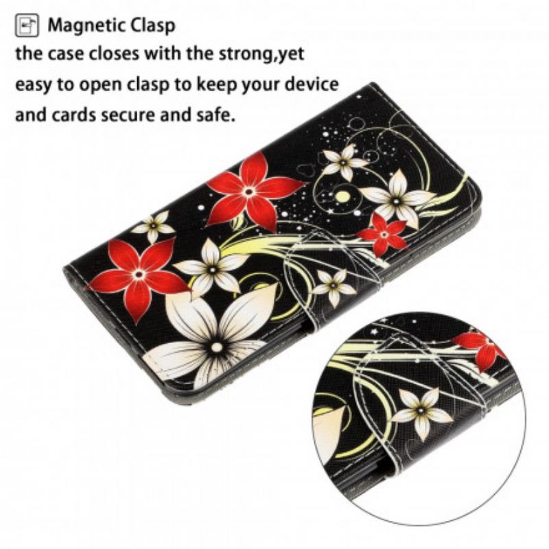 Capa Flip Para Xiaomi Redmi Note 9 Pro 5G De Cordão Flores Coloridas Com Tiras