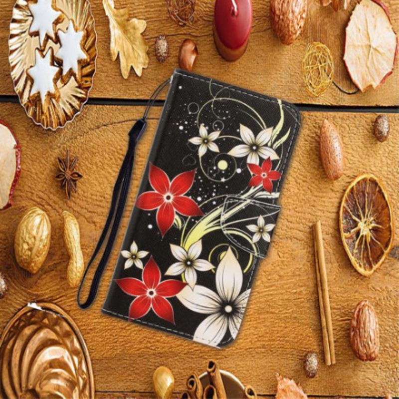 Capa Flip Para Xiaomi Redmi Note 9 Pro 5G De Cordão Flores Coloridas Com Tiras