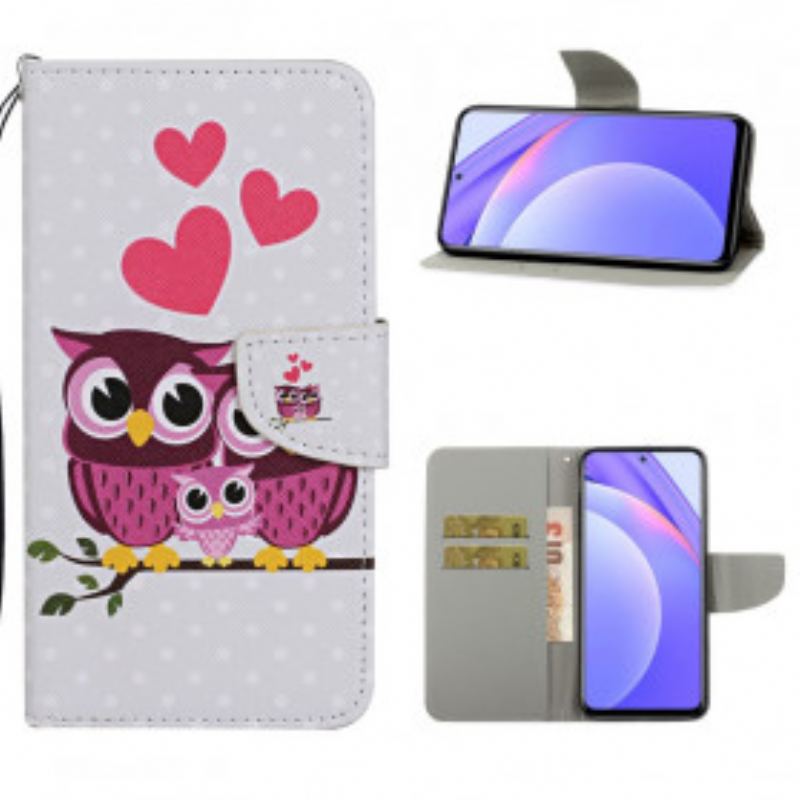 Capa Flip Para Xiaomi Redmi Note 9 Pro 5G Família Coruja Com Cordão