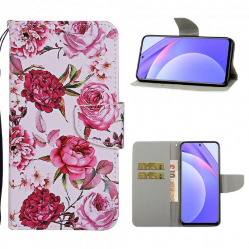 Capa Flip Para Xiaomi Redmi Note 9 Pro 5G Flores Magistrais Com Alça