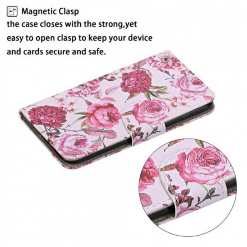 Capa Flip Para Xiaomi Redmi Note 9 Pro 5G Flores Magistrais Com Alça