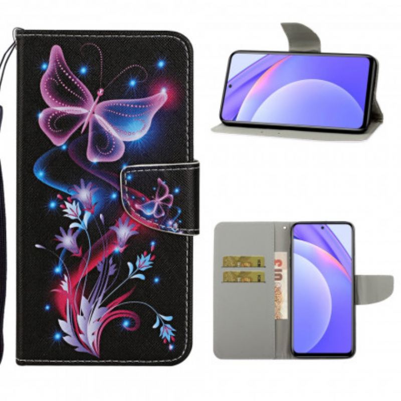 Capa Folio Para Xiaomi Redmi Note 9 Pro 5G Borboletas E Cordão