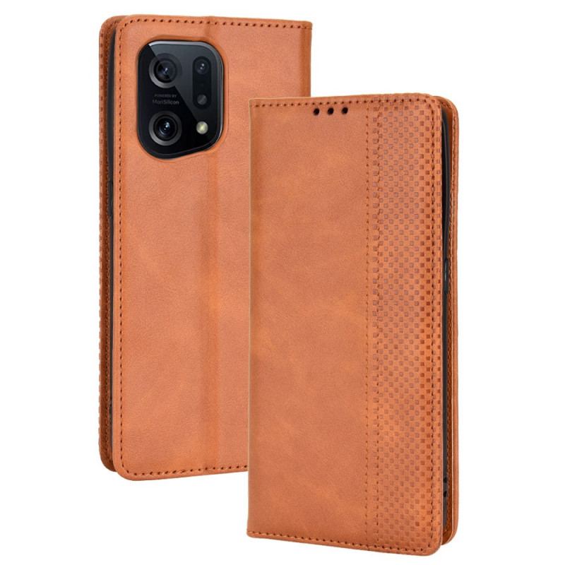 Capa De Celular Para Oppo Find X5 Flip Efeito Couro Vintage Estilizado