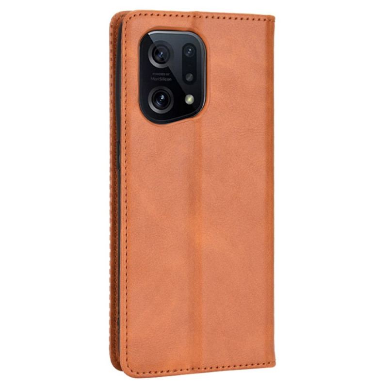 Capa De Celular Para Oppo Find X5 Flip Efeito Couro Vintage Estilizado