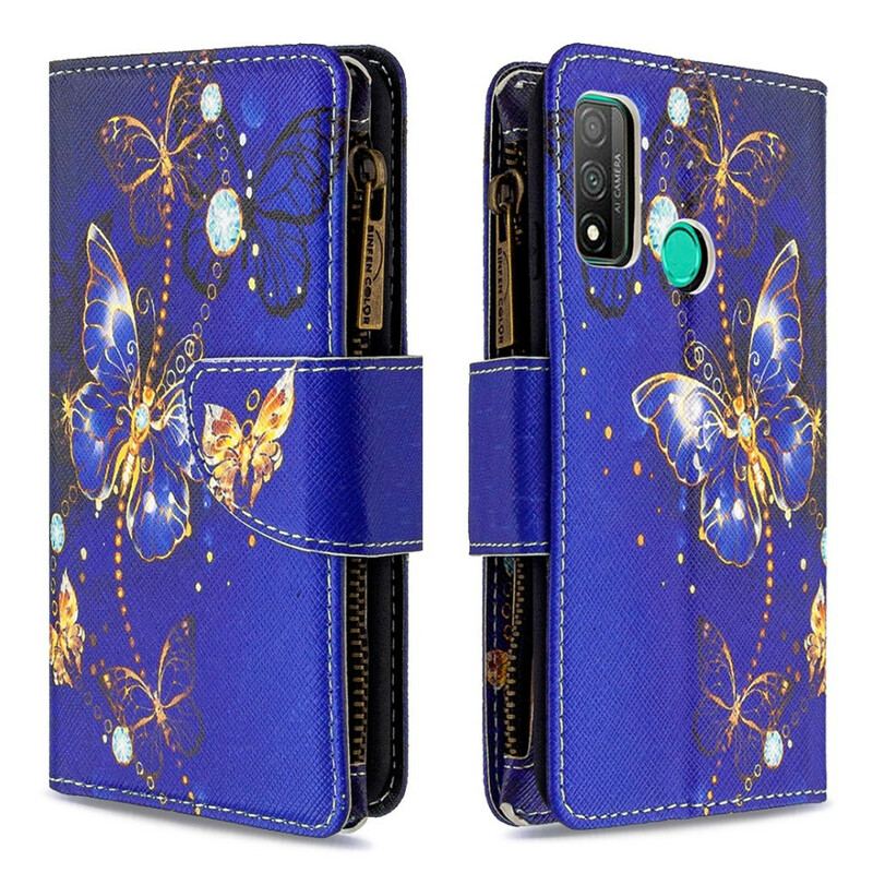 Capa De Couro Para Huawei P Smart 2020 Bolso Com Zíper De Borboletas