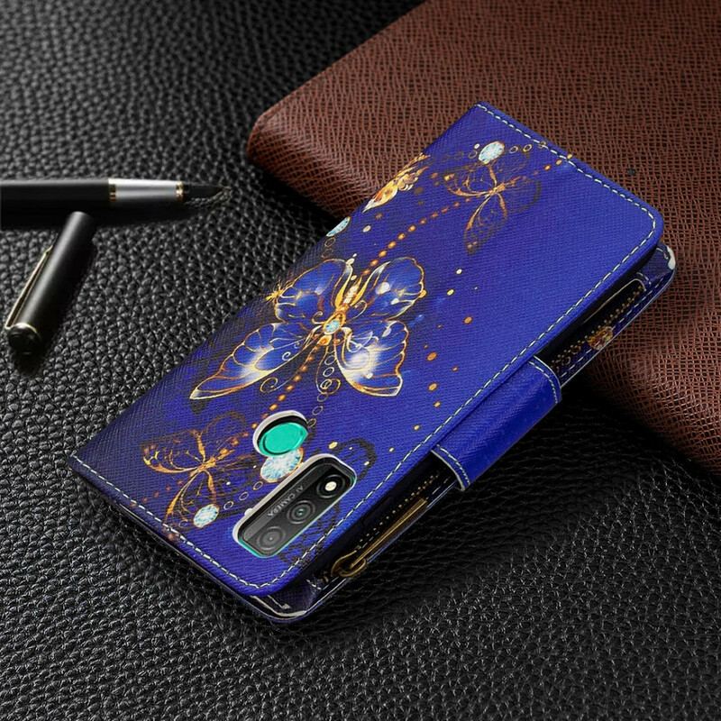 Capa De Couro Para Huawei P Smart 2020 Bolso Com Zíper De Borboletas