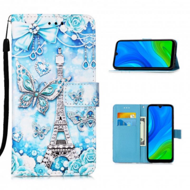 Capa De Couro Para Huawei P Smart 2020 De Cordão Correia Borboleta Torre Eiffel