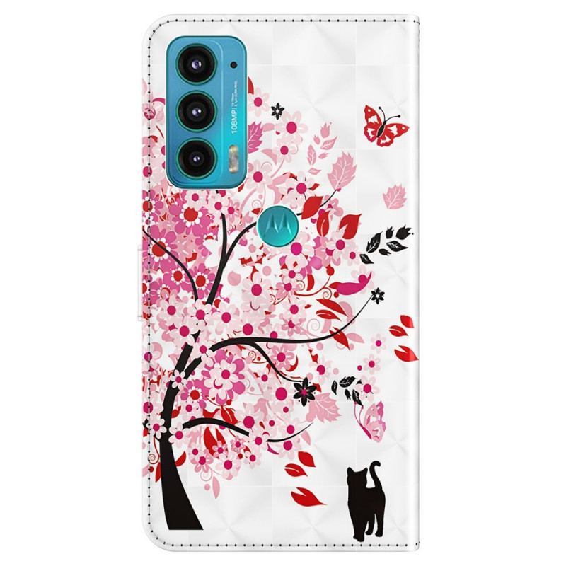 Capa De Couro Para Moto E40 / E30 / E20 Árvore Rosa E Gato Preto