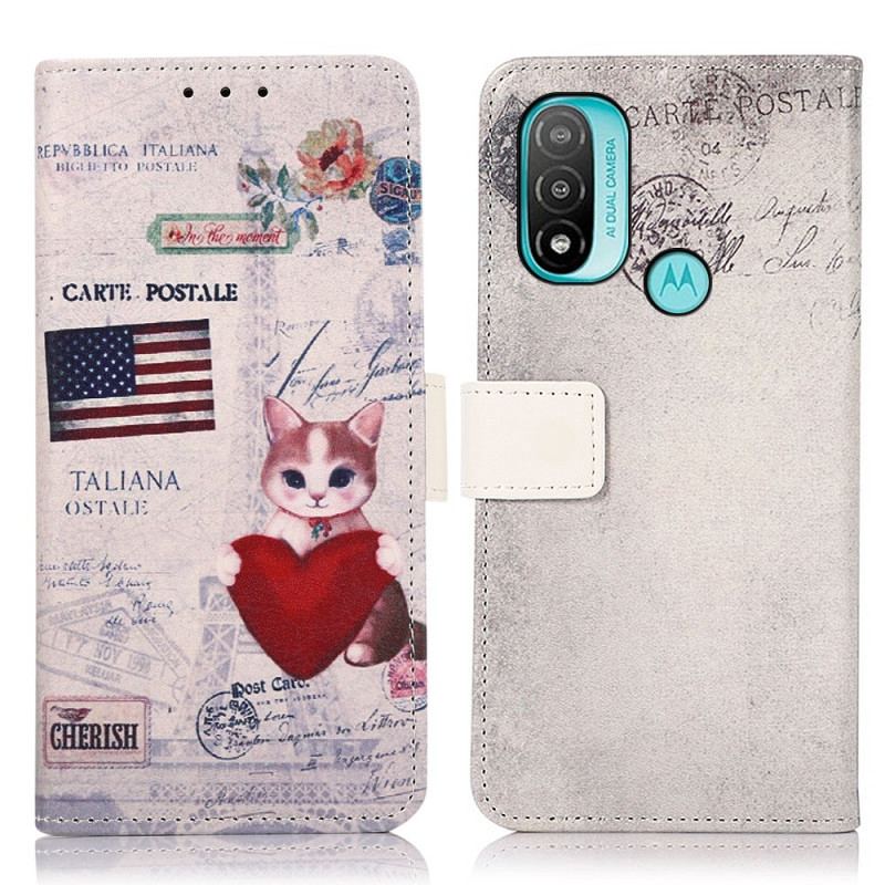 Capa Em Pele Para Moto E40 / E30 / E20 Gato Viajante