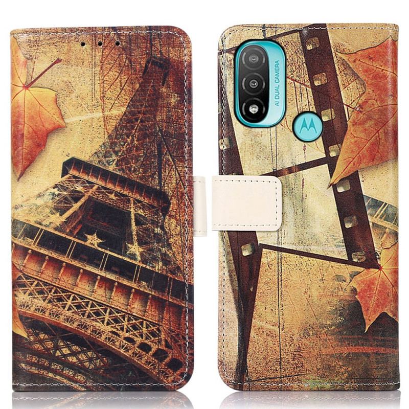 Capa Flip Para Moto E40 / E30 / E20 Torre Eiffel No Outono