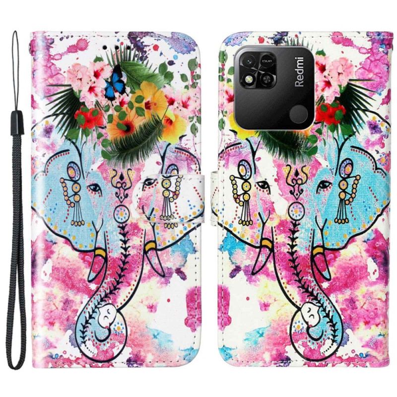 Capa De Couro Para Xiaomi Redmi 10A De Cordão Elefante Tribal Com Alça