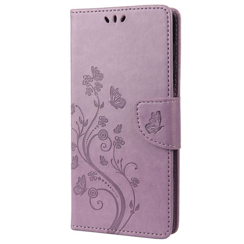 Capa De Couro Para Xiaomi Redmi 10A De Cordão Pulseira Borboletas E Flores