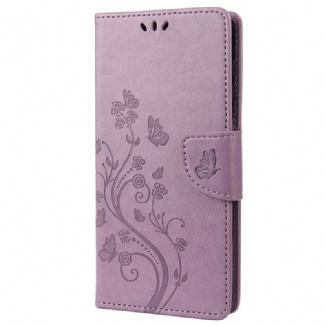 Capa De Couro Para Xiaomi Redmi 10A De Cordão Pulseira Borboletas E Flores