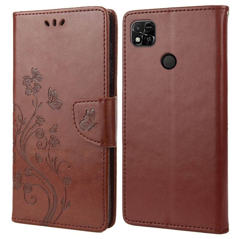 Capa De Couro Para Xiaomi Redmi 10A De Cordão Pulseira Borboletas E Flores