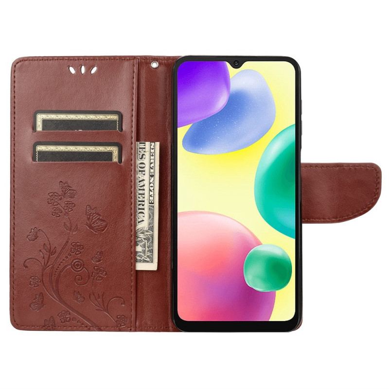 Capa De Couro Para Xiaomi Redmi 10A De Cordão Pulseira Borboletas E Flores