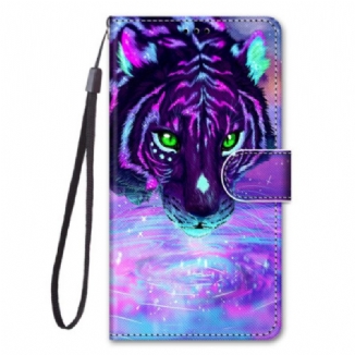 Capa Em Pele Para Xiaomi Redmi 10A De Cordão Tigre Neon Com Alça