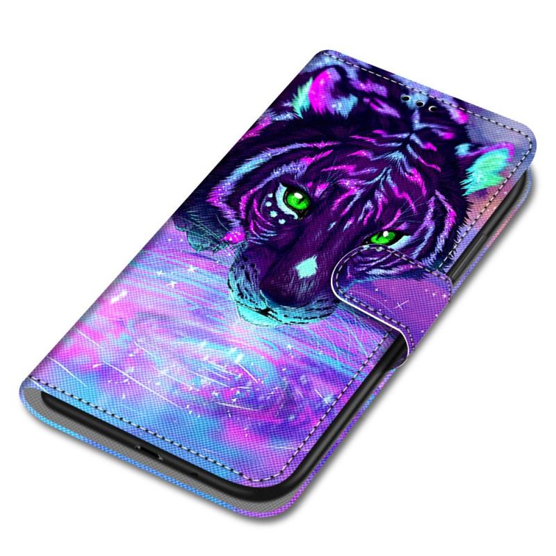 Capa Em Pele Para Xiaomi Redmi 10A De Cordão Tigre Neon Com Alça