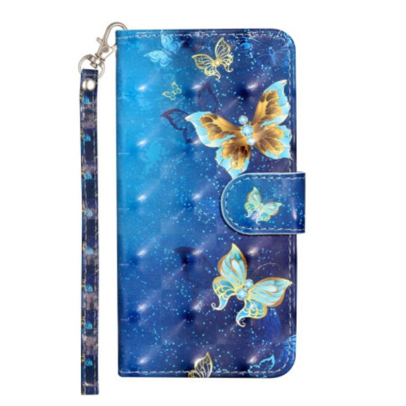 Capa Flip Para Xiaomi Redmi 10A De Cordão Borboletas Em Fundo De Tanga Azul