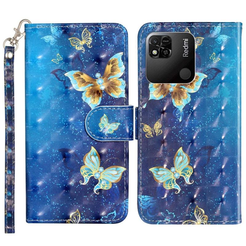 Capa Flip Para Xiaomi Redmi 10A De Cordão Borboletas Em Fundo De Tanga Azul