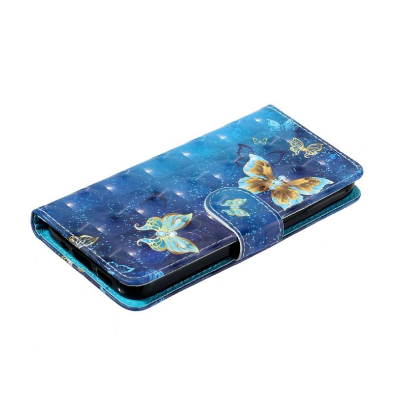 Capa Flip Para Xiaomi Redmi 10A De Cordão Borboletas Em Fundo De Tanga Azul