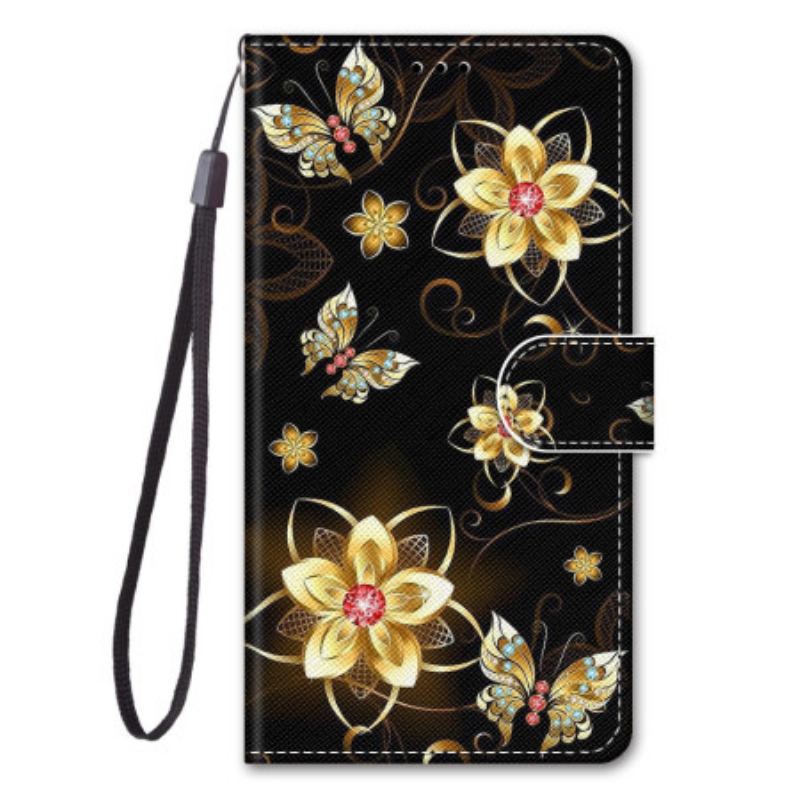 Capa Flip Para Xiaomi Redmi 10A De Cordão Flores De Pulseira De Ouro