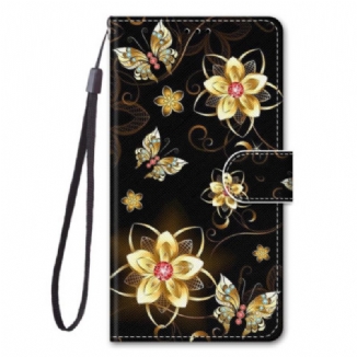 Capa Flip Para Xiaomi Redmi 10A De Cordão Flores De Pulseira De Ouro