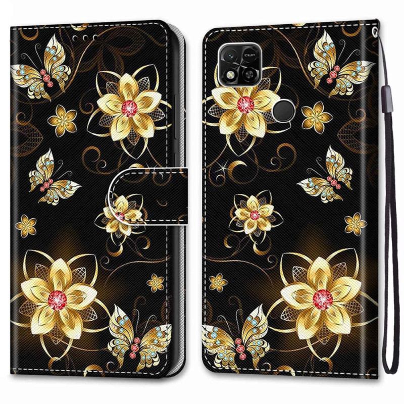 Capa Flip Para Xiaomi Redmi 10A De Cordão Flores De Pulseira De Ouro