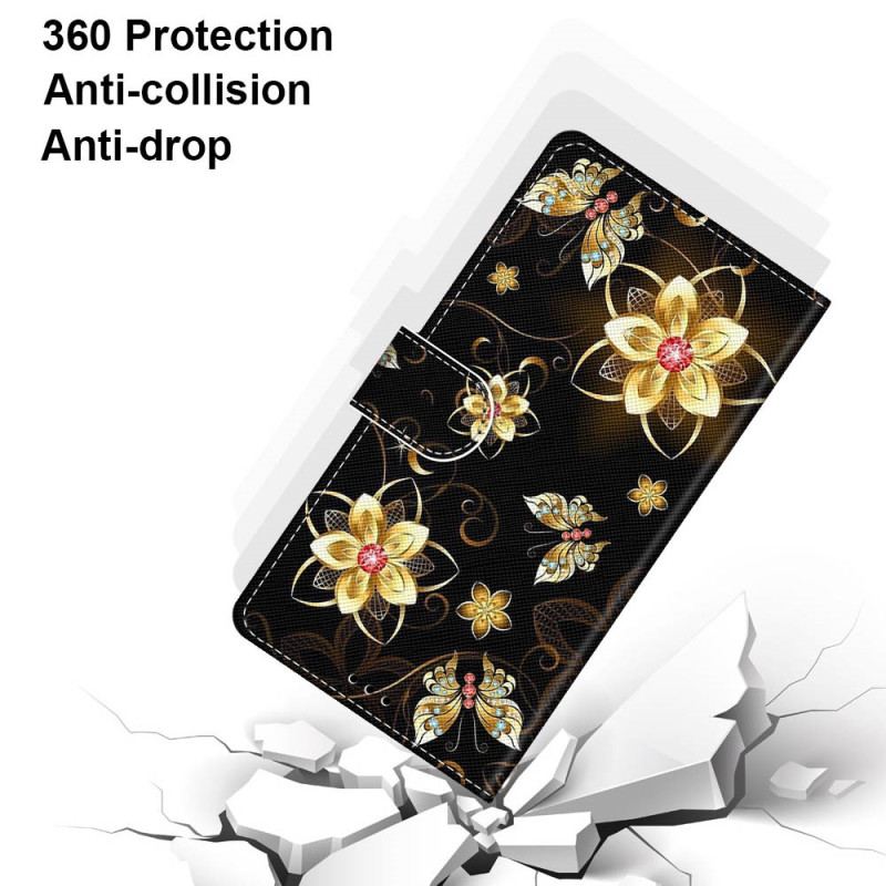 Capa Flip Para Xiaomi Redmi 10A De Cordão Flores De Pulseira De Ouro