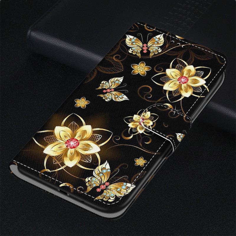 Capa Flip Para Xiaomi Redmi 10A De Cordão Flores De Pulseira De Ouro