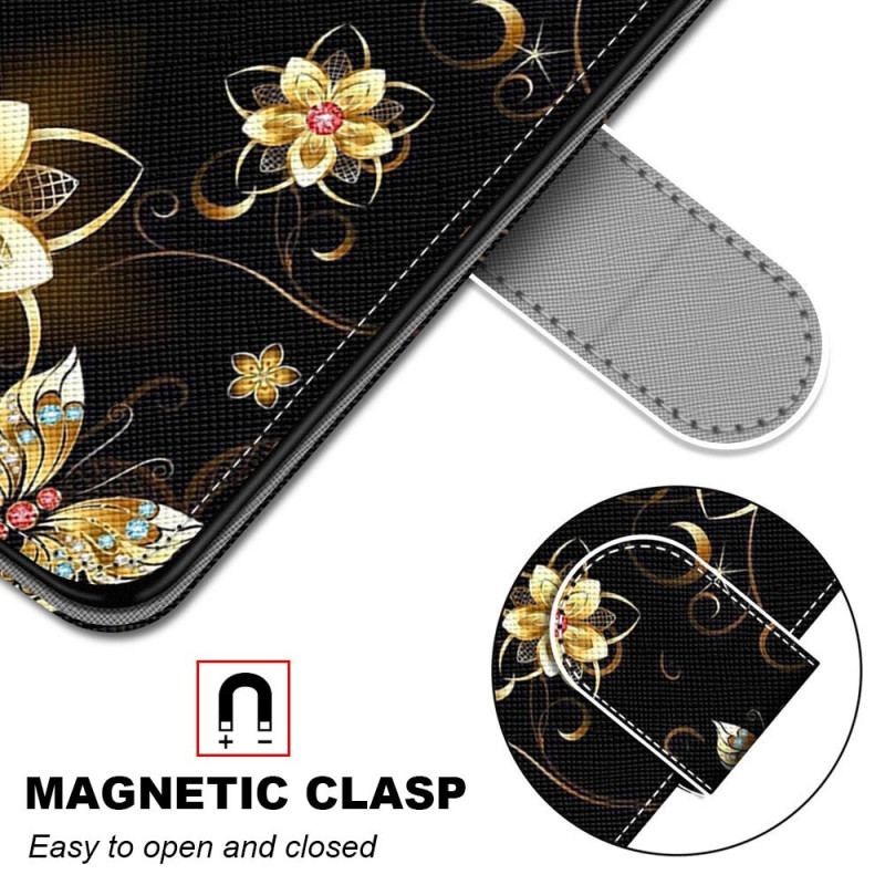 Capa Flip Para Xiaomi Redmi 10A De Cordão Flores De Pulseira De Ouro