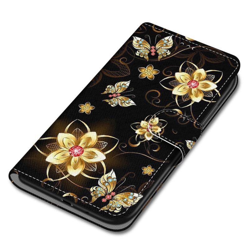 Capa Flip Para Xiaomi Redmi 10A De Cordão Flores De Pulseira De Ouro