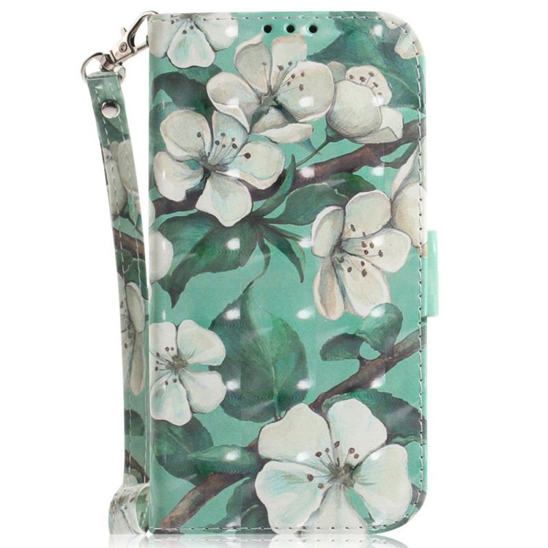 Capa Folio Para Xiaomi Redmi 10A De Cordão Flores Brancas Com Tiras