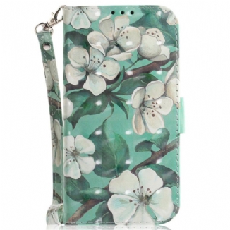 Capa Folio Para Xiaomi Redmi 10A De Cordão Flores Brancas Com Tiras