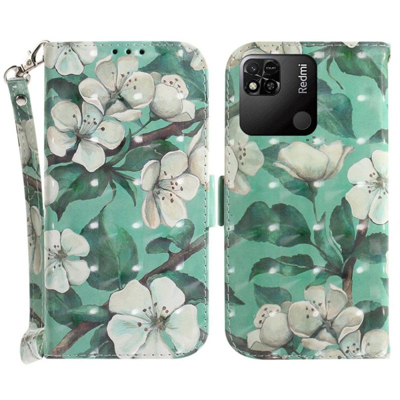 Capa Folio Para Xiaomi Redmi 10A De Cordão Flores Brancas Com Tiras