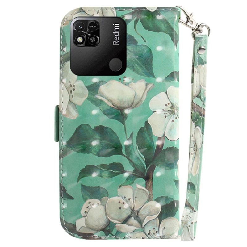 Capa Folio Para Xiaomi Redmi 10A De Cordão Flores Brancas Com Tiras