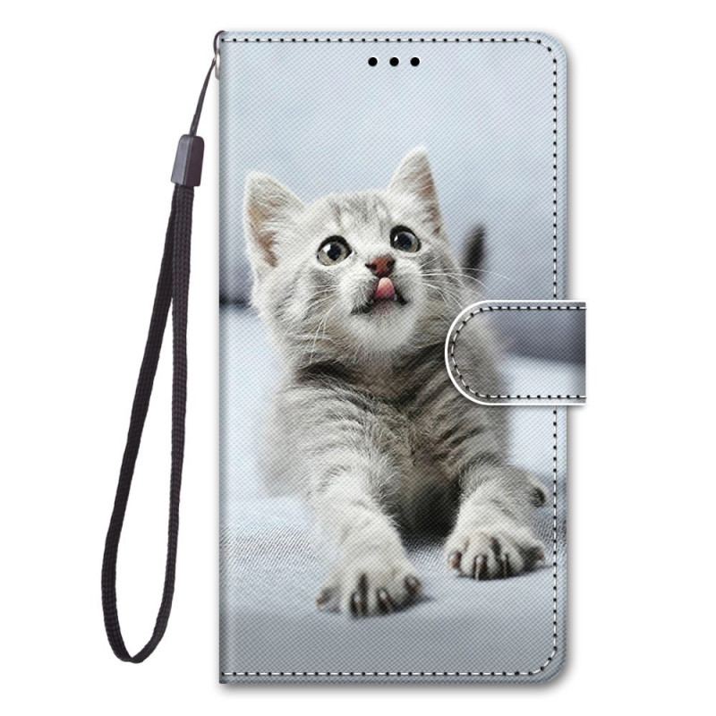 Capa Folio Para Xiaomi Redmi 10A De Cordão Gatinho Branco Com Alça