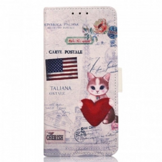 Capa De Couro Para Samsung Galaxy A03s Gato Viajante