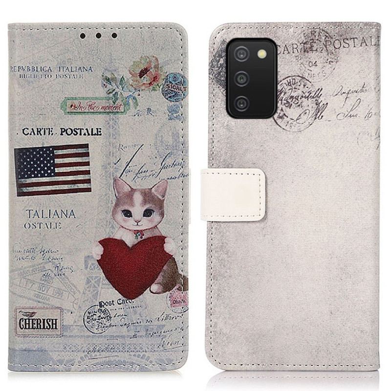 Capa De Couro Para Samsung Galaxy A03s Gato Viajante