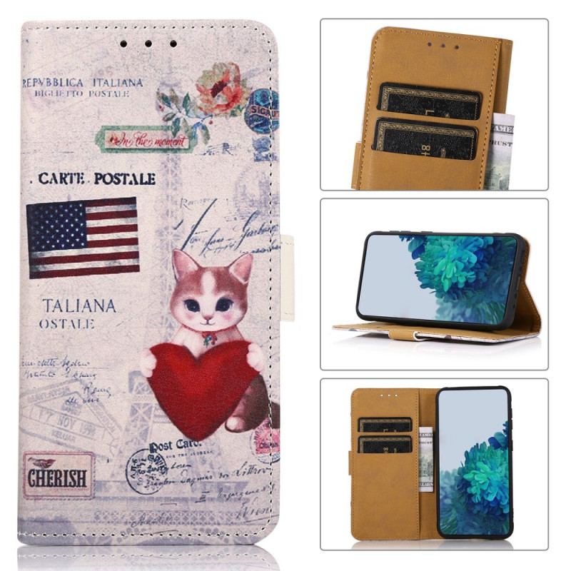 Capa De Couro Para Samsung Galaxy A03s Gato Viajante