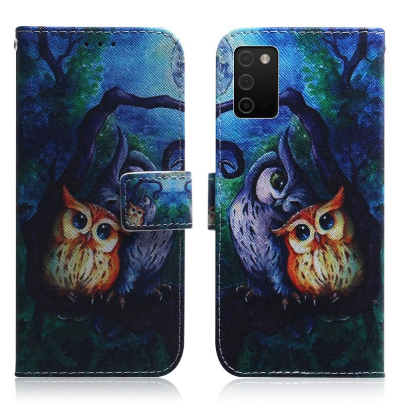 Capa De Couro Para Samsung Galaxy A03s Pintura De Corujas