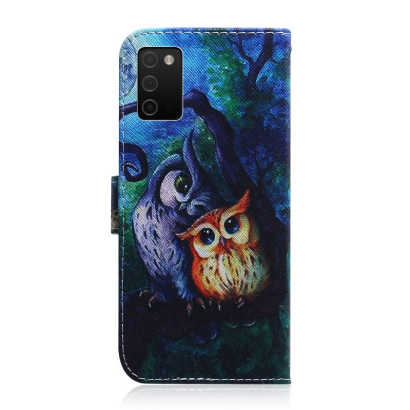 Capa De Couro Para Samsung Galaxy A03s Pintura De Corujas