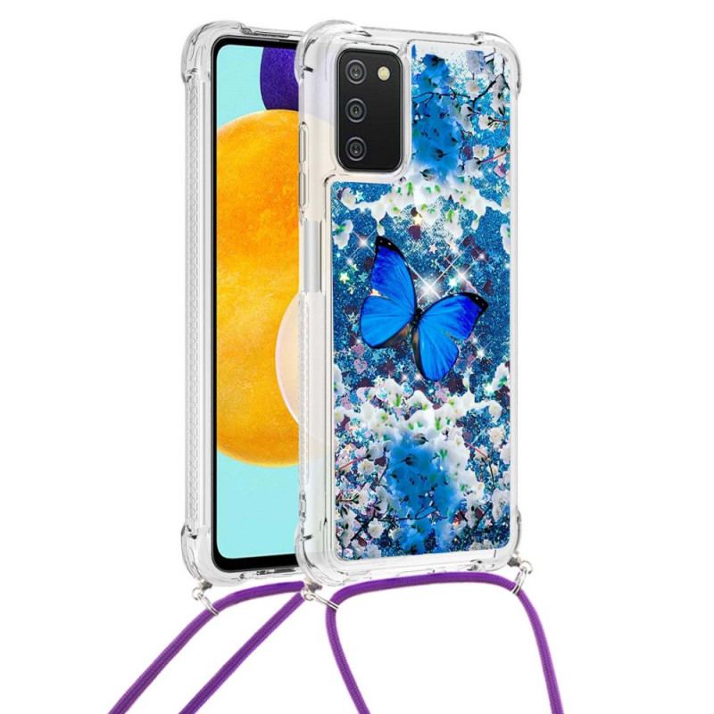 Capa Para Samsung Galaxy A03s De celular Borboletas De Lantejoulas Com Cordão