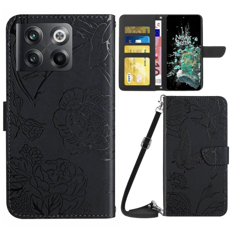 Capa Flip Para OnePlus 10T 5G Borboletas E Alça De Ombro