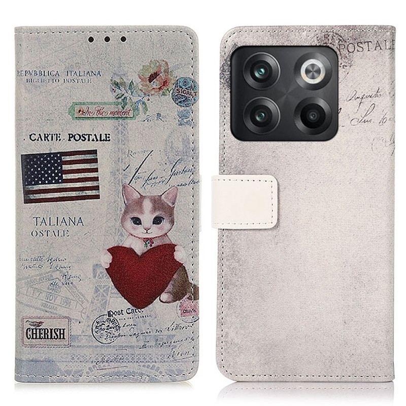 Capa Folio Para OnePlus 10T 5G Gato Viajante