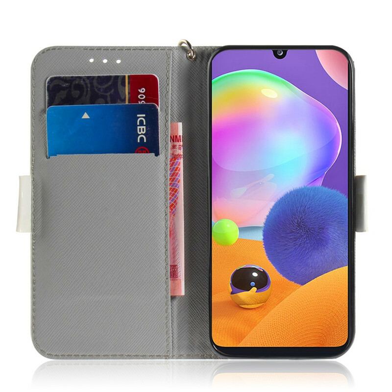 Capa De Couro Para Samsung Galaxy A31 De Cordão Ramo Florido Com Alça